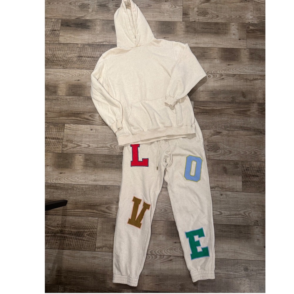Aerie Cream LOVE Patch Hoodie and Jogger Sweatsuit Set Small Medium
